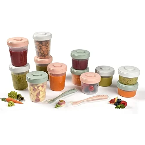 BÉABA, Lot de 12 Portions Conservation et 2 Cuillères Silicone, Clip, Pots empilables et emboîtables, 100% hermétique, Graduation, Congélation, Lait Maternel (2x90 ml &amp; 4x150 ml &amp; 6x250ml), Eucalyptus