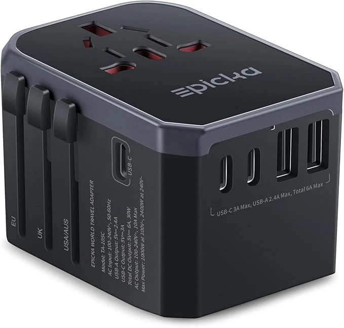 EPICKA Adaptateur Prise Universelle de Voyage, Prise Universelle Voyage 30W, Adaptateur Universel de Voyage avec 2 USB et 3 USB C, Adaptateur International vers USA Japon Canada UK Francais, Noir