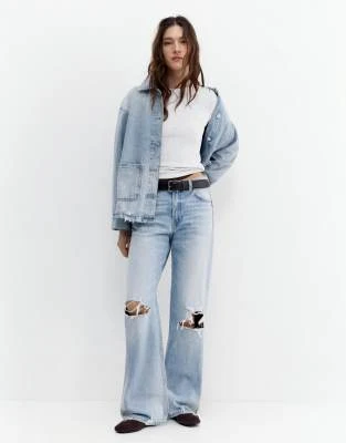 Pull&Bear - Jean boyfriend déchiré - Bleu pâle