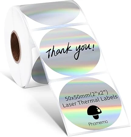 Phomemo 50x50mm Étiquettes Thermiques Argentées Holographiques Rondes,2inch Autocollantes Circulaires Etiquettes Pour D'imprimante 241BT/D520BT/246S/249BT,Pour Bricolage Merci,Logo,Code,etc(400Labels)