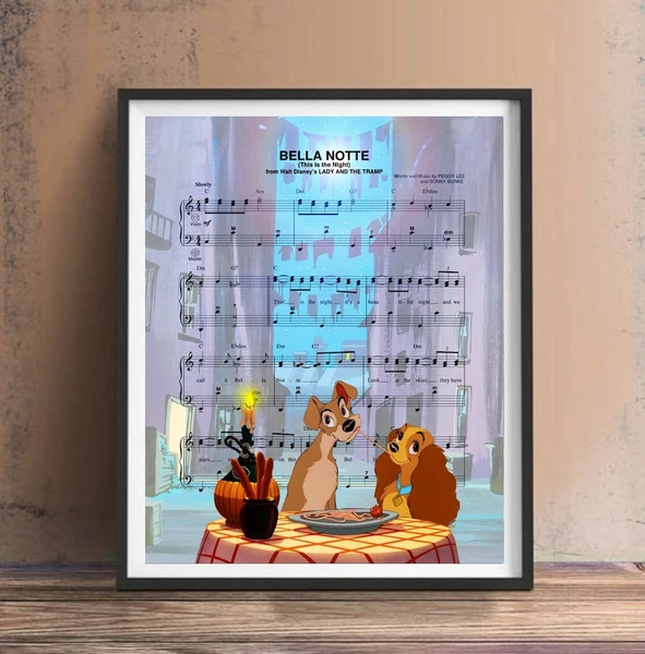 Lady and the Tramp Disney Original Wall Art, Painting, Canvas, Bella Notte Sheet Music Artwork