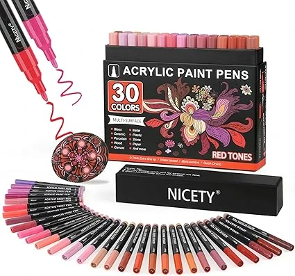 NICETY 30Pcs Feutre Acrylique - marqueur peinture acrylique Verre pour Bois, Toile, Verre, Céramique - Acrylic Paint Marker à base d'eau à 0,7 mm Extra Pointe Fine (Rouge)