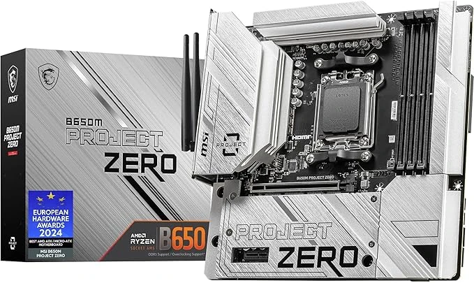 MSI B650M Project Zero Carte-mère Micro-ATX à connecteurs arrière - pour processeurs AMD Ryzen 7000 à 9000, AM5 - Alimentation directe 10+2 Phases, DDR5 6400+MHz/OC, PCIe 4.0 x16, M.2 Gen4, Wi-FI 6E