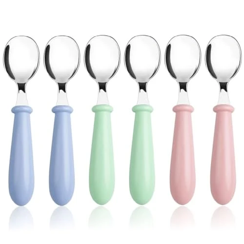 6PCS Cuillere Bebe, Witbicg Fourchette Bebe, Cuillère Bebe Nourrir Le Bébé, Augmenter l'Appétit, l'Enthousiasme Et Le Plaisir De Manger Ménagère En Métal Avec Poignées Rondes Lave-Vaisselle (C)