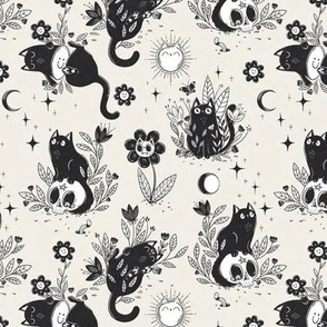 cat tattoo - mini scale - black-white Fabric | Spoonflower