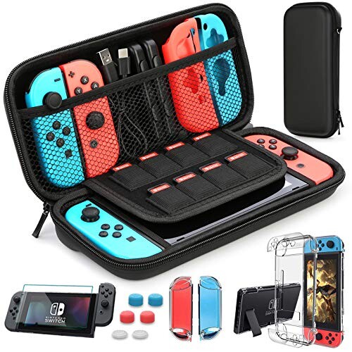 HEYSTOP Étui Compatible avec Nintendo Switch, Protection pour Switch Housse pour Nintendo Switch Coque Transparente Protection écran Compatible pour Switch avec 6 Thumb Grip