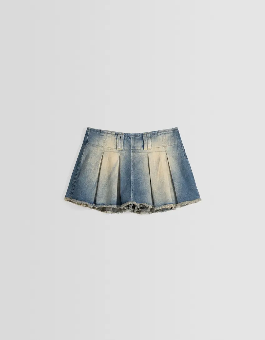 Jupe-culotte plissée denim effet délavé