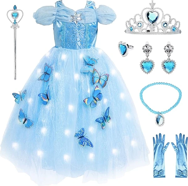 JONRRYIN Robe Princesse Fille LED, Robe Cendrillon Fille avec Ensemble Collier Couronne, Deguisement Princesse Cendrillon pour Fille 4-12 Ans Carnaval Anniversaire Fêtes Cosplay