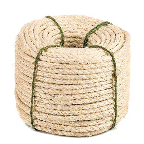 Yangbaga Corde Sisal Naturel 8mm Remplacement Cordage Ancien, Corde Chat Accessoire Chat Idéal pour remplacer Poteaux de l'arbre à Chat, Balles Jouets en Sisal Inclus (8mm, 50m)