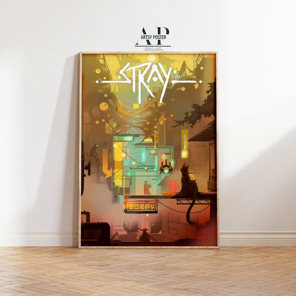 Stray Game Poster, Mysterious Alleyways & The Robotic Companions Art Print, Gamer Gift, Unique Sci-Fi Cat Adventure Wall Art