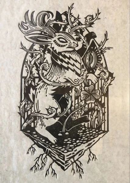 Jackalope - Linocut on rice paper, strange bestiary