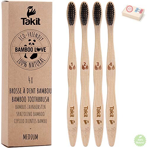 TAKIT Brosse A Dent Bambou - Pack De 4 - Poils Moyen Avec Charbon Infusé - Bio - Écologiques Et 100% Biodégradables