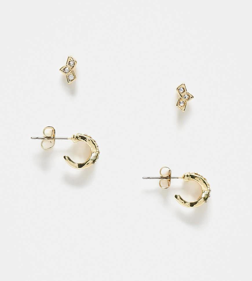 Pieces - Lot de 2 paires de boucles d'oreilles (puces et petites créoles) incrustées de pierres - Doré