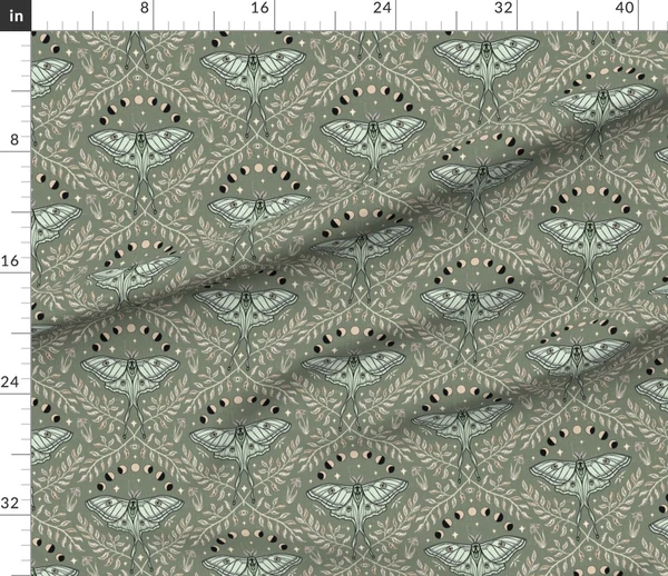Fabric in Luna Moths Damask with moon phases - sage green - medium