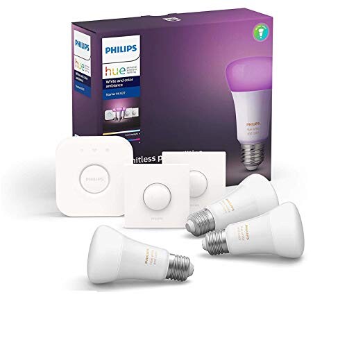 Philips Hue Kit de Démarrage Ampoules LED Connectées White &amp; Color Ambiance E27 Pack de 3, Pont et Télécommande Smart Button, Fonctionne avec Alexa