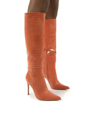 Aimi Orange Croc Knee High Stiletto Heel Boots