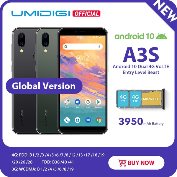 UMIDIGI A3S Android 10 bande mondiale 3950mAh double caméra arrière 5.7 "Smartphone 13MP Selfie Triple fentes double 4G VoLTE celulaire