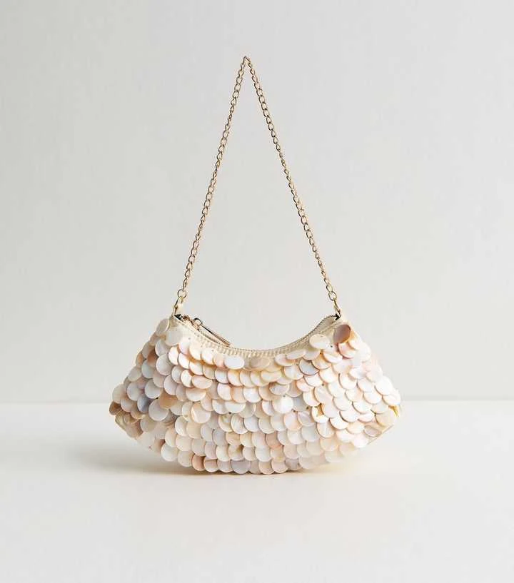 Cream Satin Faux-Shell Shoulder Bag