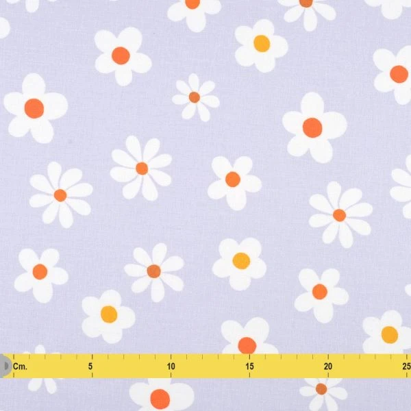 Tissu cretonne enduite pâquerettes parme