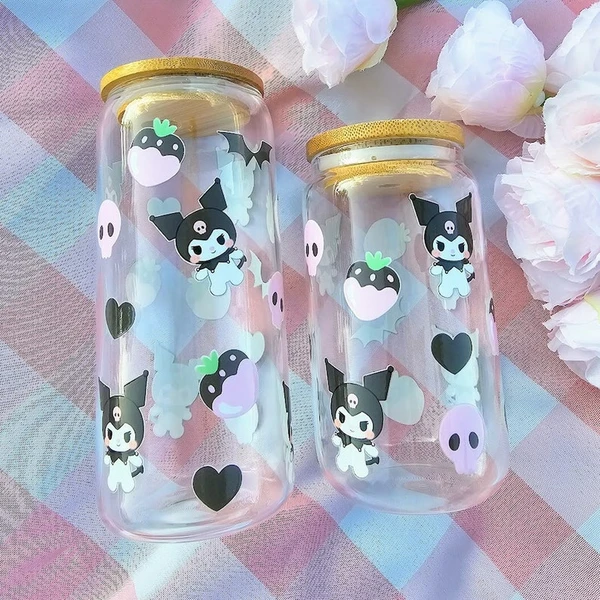 Cute Kuro Bunny Glass Cup with Bamboo Lid and Glass Straw