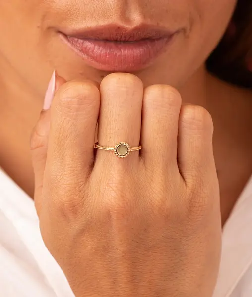 Bague pastille perlée Aventurine Plaqué or