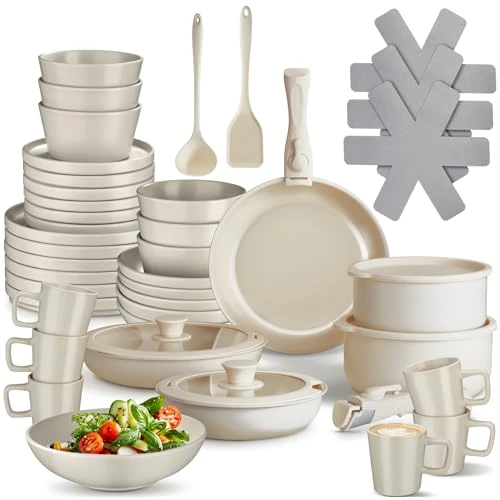 tectake® Set de cuisine 46 pcs, Service de table 6 personnes et Batterie de cuisine, Poêles Casseroles Service vaisselle Assiettes plates Assiettes creuses Bol Tasse Spatule Louche Vaisselle en grès