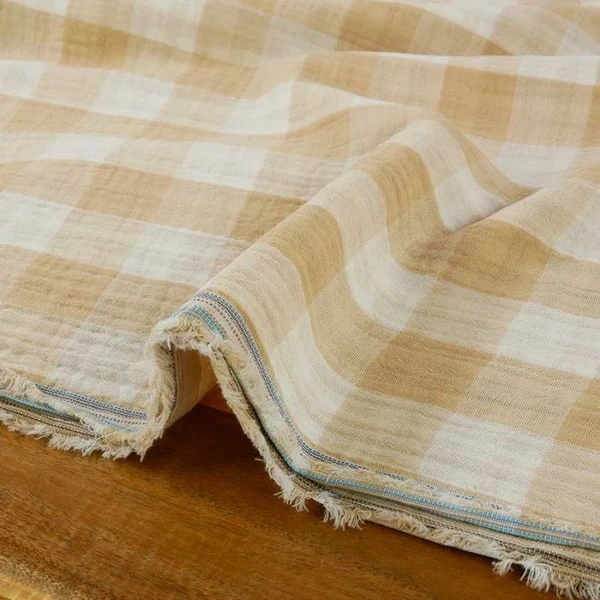 Double Gaze à Carreaux Vichy - Beige | Tissu Réversible et Polyvalent