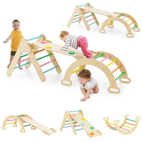 GOPLUS 7 en 1 Triangle Arche Montessori, Arche d'escalade Enfants avec Toboggan Bois,Rampe, Échelle Réglable, Charge 50KG, pour Tout-Petits Bébé 1 Ans+(Multicolore)