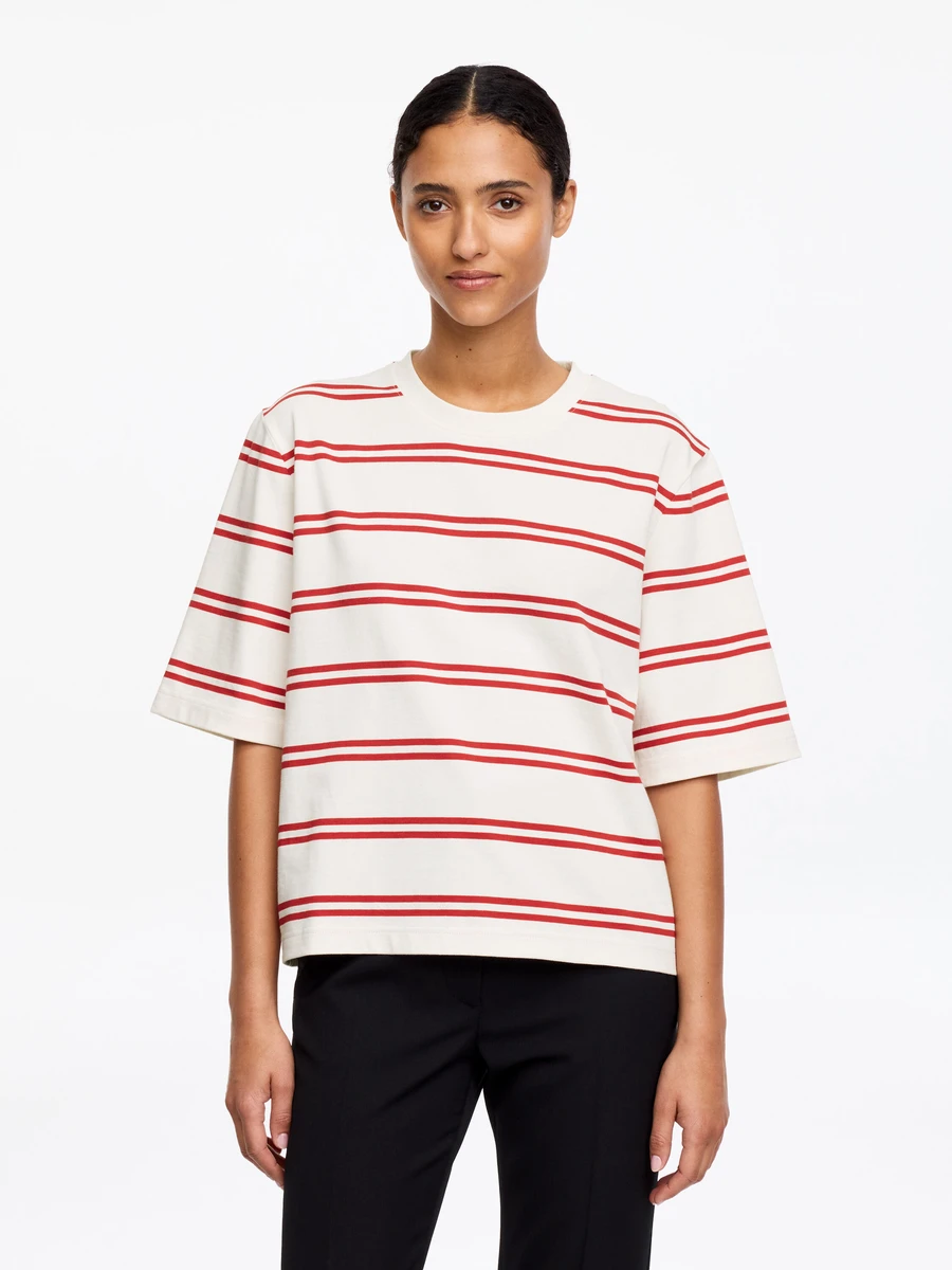 T-shirt coupe carrée ALBA – Rouge/Écru – Femme – ARKET FR