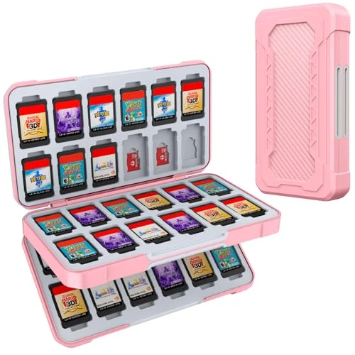 HEIYING Rangement Jeux Switch pour Nintendo Switch/Lite/OLED, Mallette de Transport et de Stockage Portable Rose avec 48 Fentes Carte Jeu et 24 Fentes Carte Micro SD