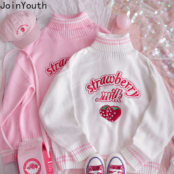 Joinyouth – Pull à col roulé avec broderie de fraises pour Femme, vêtement tricoté, surdimensionné