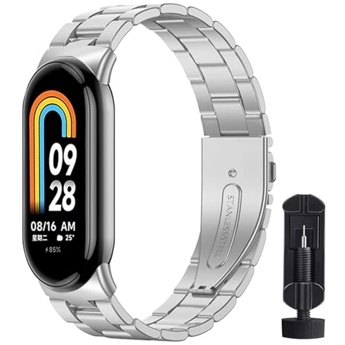 BANGTING Bracelets Acier Compatible avec Xiaomi Mi Band 10/9/8, Bracelet Metal de Remplacement pour Mi Band 10/9/8 (Argent (Trois perles))