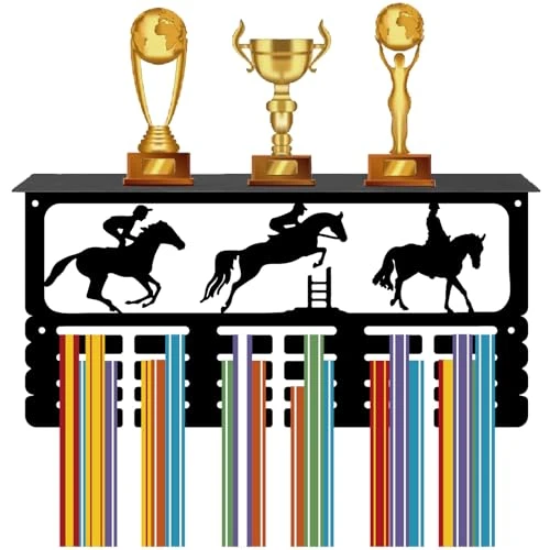 CREATCABIN Porte-Médailles D'Équitation,Étagère Trophées,Présentoir Médailles avec Support D'Étagère,Support Mural pour Sports,4rangée,Peut Contenir pour Hommes Femmes Récompenses Équestres 40x20x10cm