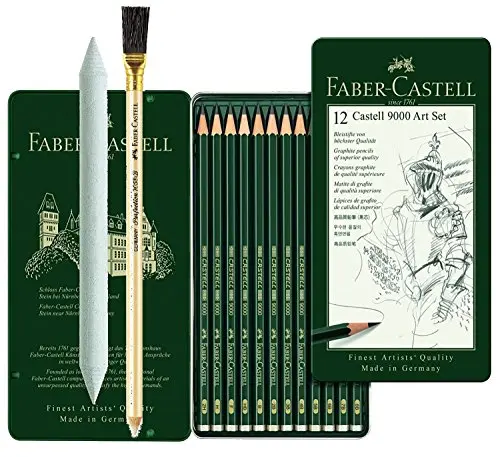Faber-Castell 119065 - Castell 9000, Lot de 12 crayons à papier 8 B 2 H + Estompe + crayon à gomme