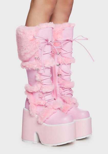 Demonia x Dolls Kill Eskimo-305 Faux Fur Knee High Platform Boots - Light Pink
