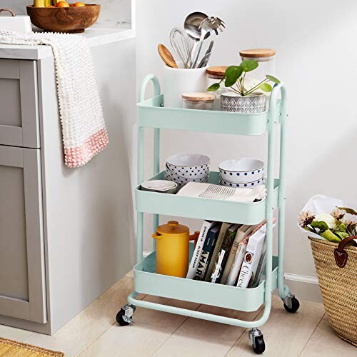 Amazon Basics Chariot de rangement à 3 niveaux pour la cuisine ou la buanderie avec roulettes - Vert menthe