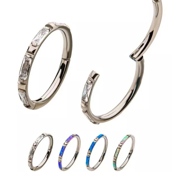 CUSTOM ORDER Titanium Side Set Baguette Gem and Opal Clicker [clear quartz]