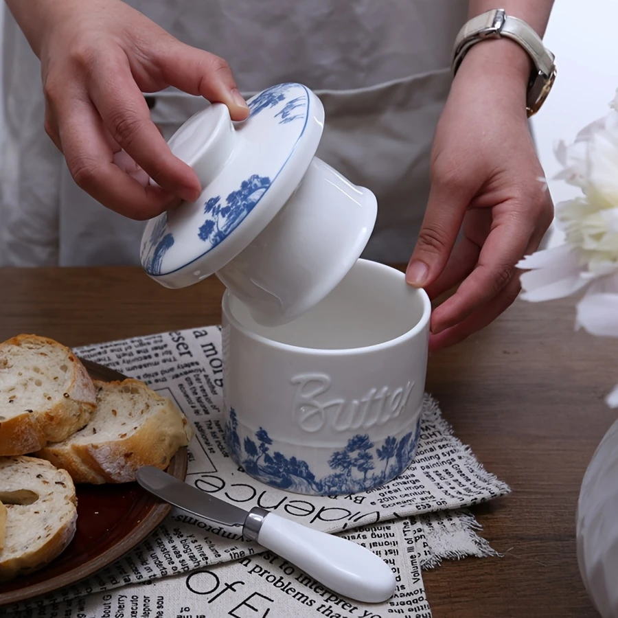 1pièce plat à en céramique avec couvercle - style américain de , design floral bleu et blanc, rangement pour , fromage et plus, plat à pour – maison et cuisine – Temu