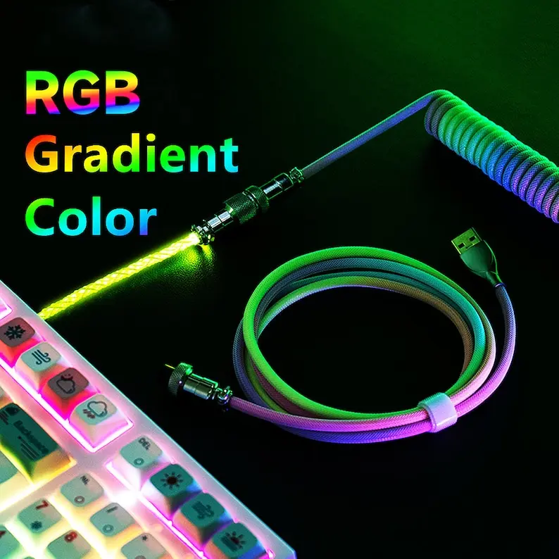 Ligne de câble enroulée personnalisée + connecteur d'aviateur RVB à lumière lumineuse USB type-c pour clavier mécanique