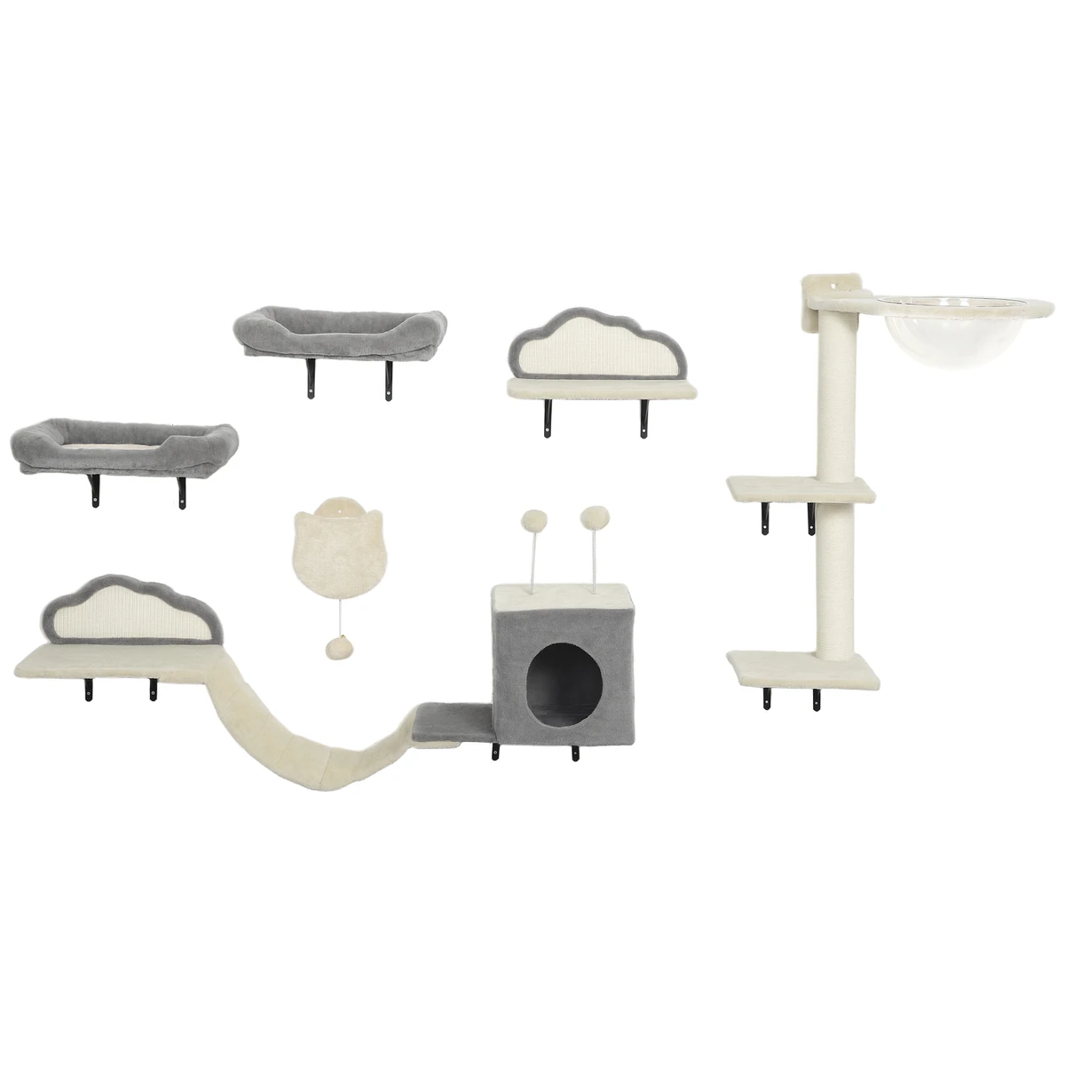 PawHut Étagères murales pour chat ensemble de meubles muraux 6 pièces hamac à bulles en acrylique niche hamac échelle beige
