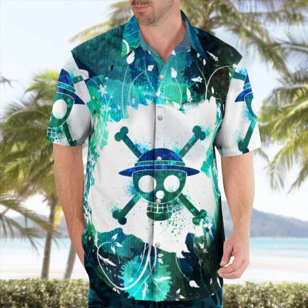 One Piece Logo Blue Button up Shirt for mens | Tropi Hawaiian Shirts Store