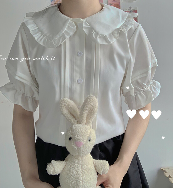  Japan Style Little Women Sweet Girly Girl Frill Trim Lolita Basic Short Sleeve Jk Shirt Peter Pan Collar