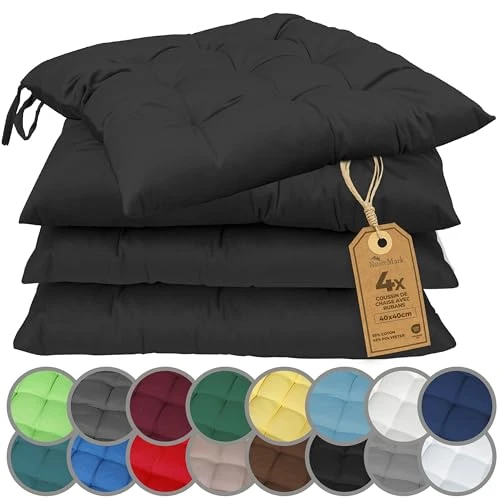 NatureMark Lot de 4 Galettes de Chaises avec Rubans 40x40 cm – Coussin de Chaise Épais pour Intérieur & Jardin – Couleur Noir