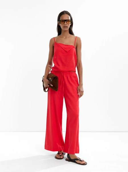 Pantalon en mélange de lin à taille élastique Rouge | Parfois