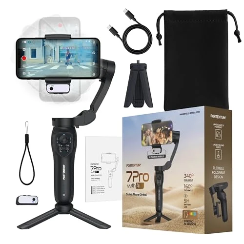 PORTENTUM stabilisateur Smartphone avec Module IA de Suivi Autonome – Gimbal pour Smartphone à 3 Axes Pliable avec trépied – Compatible avec iPhone et Android – app optionnelle – vlog Youtube TikTok