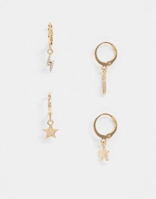 Accessorize - Lot de 2 créoles avec pendentifs étoile et éclair - Doré | ASOS