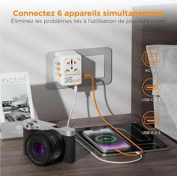 TESSAN Adaptateur Prise Universelle, Prise Internationale de Voyage avec 2 USB C et 2 USB A, Adaptateur Voyage Universel pour USA Anglaise Bresil Australie Canada Japon Italie Chine Suisse