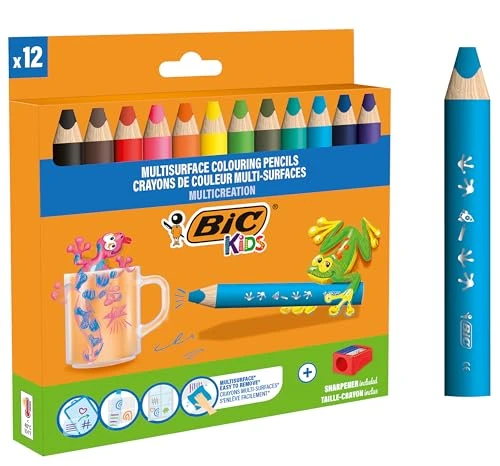 Bic Kids Crayons de Couleurs Multi-Surfaces &amp; Usages (Ardoise, Tableau, Verre, Plastique, Bois..) - Etui carton de 12 Crayons Larges pour Enfants et Bebés,Mine XXL,Taille-Crayon Inclus