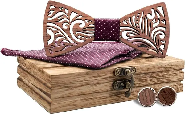 Mr.Van Noeud Papillon Bois Fait Main,Taille Réglable, Style Classique,Coffret en Bois (comprenant Boutons de Manchette,Mouchoir et noeud papillon) pour Mariage Soirée Business