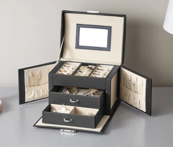 Bridie - Boîte à bijoux 3 niveaux avec poignées 2 tiroirs miroir Noir Classique